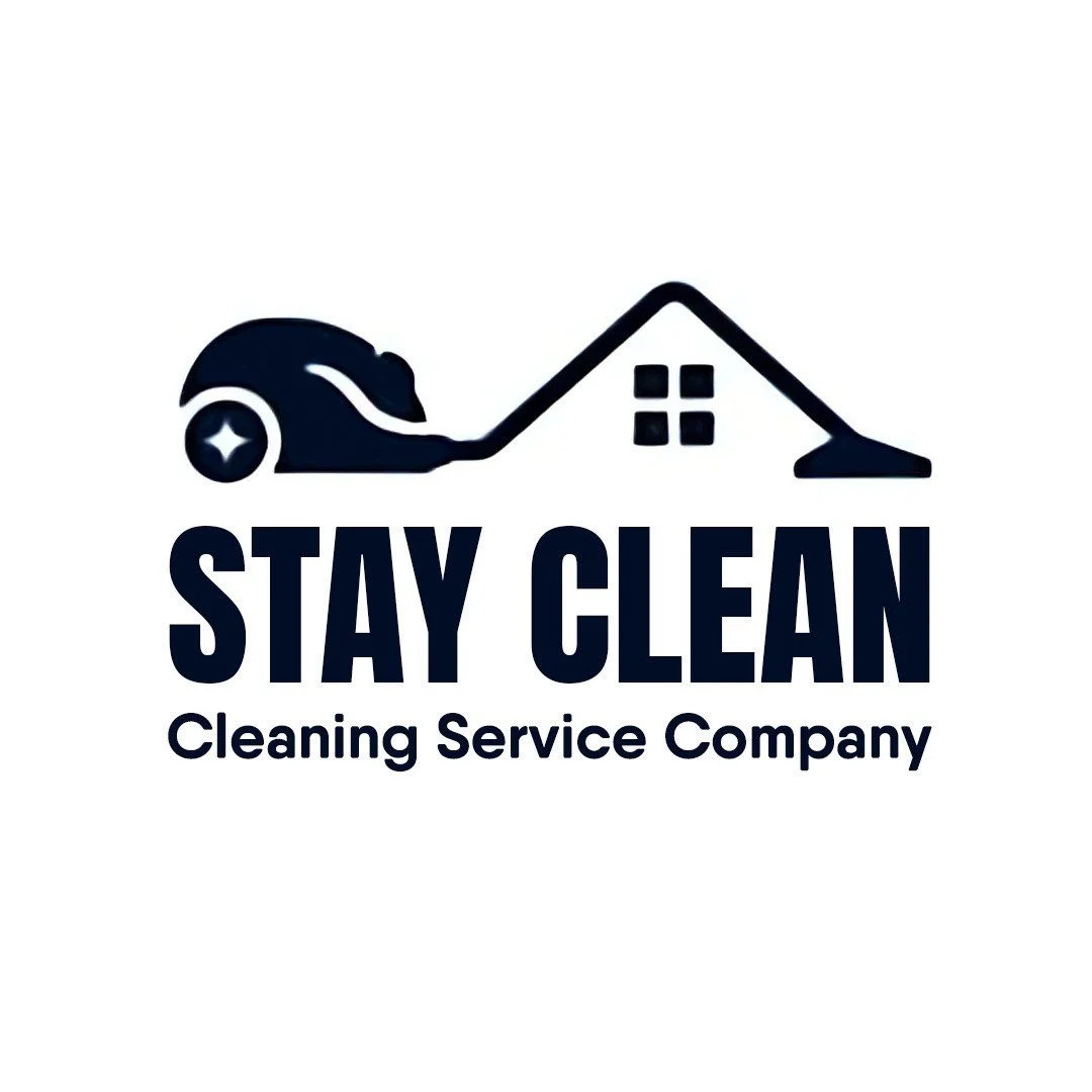 "Stay Clean" logo, jossa on pölynimurin ja talon kattoa muistuttava kuvio sekä teksti "Cleaning Service Company".