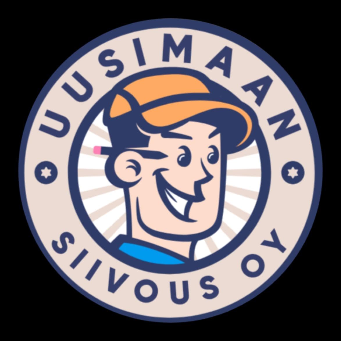 Logo, joka esittää hymyilevää miestä lippalakissa ja jossa lukee "Uusimaan Siivous Oy".